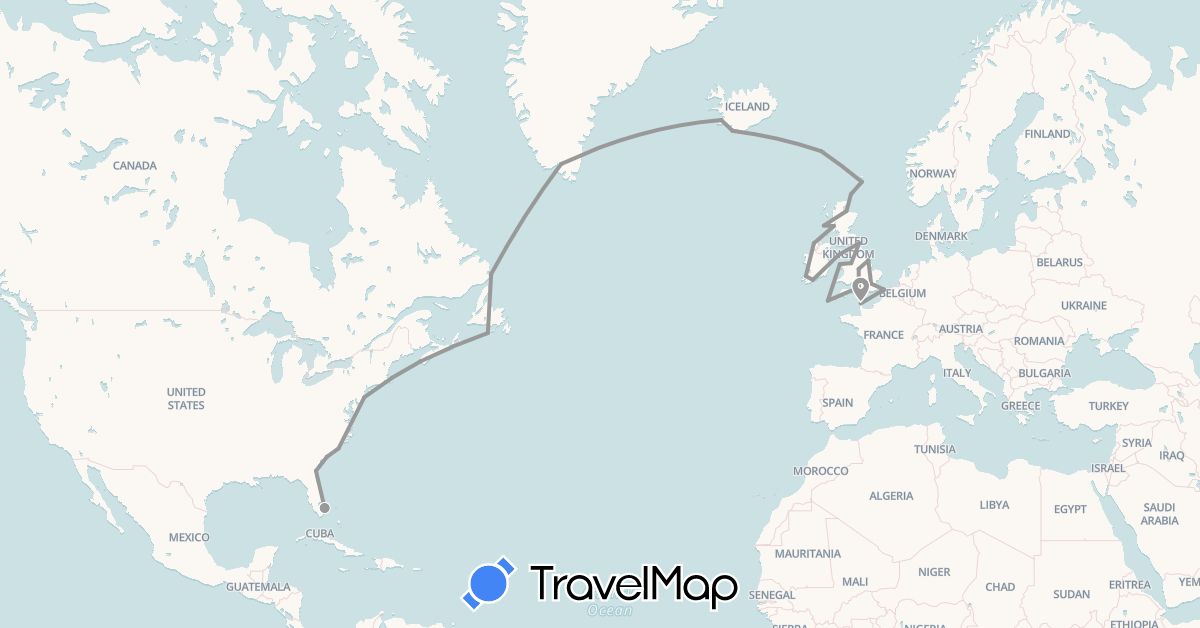 TravelMap itinerary: driving, plane in Canada, Faroe Islands, France, United Kingdom, Greenland, Ireland, Isle of Man, Iceland, United States (Europe, North America)